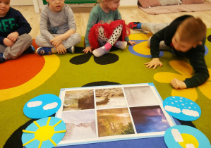 Dzieci siedzą w kole na dywanie. Przed nimi leży plansza edukacyjna ze zdjęciami zjawisk atmosferycznych oraz papierowe koła z symbolami: zachmurzenia, słońca, deszczu, śniegu.