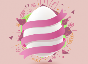 Na różowym tle znajduje się grafika białego jajka owiniętego różową wstążką.