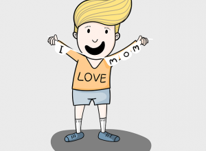 Grafika przedstawia uśmiechniętego chłopca, który trzyma w rękach girlandę z napisem "I love mom".