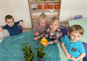 Dzieci siedzą przy stoliku. Przed nimi stoją kwiatki w doniczkach. Jedna dziewczynka trzyma w ręce doniczkę.