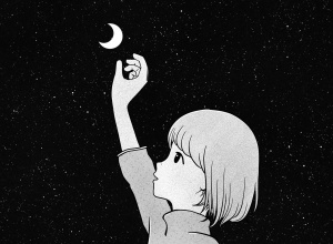 Grafika przedstawiająca dziewczynkę sięgającą księżyc. Czarne tło.