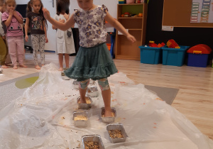 Na zdjęciu widoczna jest sala przedszkolna. Na pierwszym planie, na podłodze umieszczone zostały pojemniki z sianem, trocinami, ziarenkami i kuleczkami karmy. Na drugim planie znajduje się dziecko, poruszające się boso po pojemnikach z artykułami dla zwierząt. Na trzecim planie, po prawej stronie, widnieje wyposażenie sali: sprzęty i zabawki. Natomiast po lewej stronie ustawione są dzieci, czekające na swoją kolej.