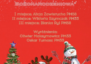 Grafika przedstawia listę laureatów konkursu plastycznego pt. ,,Ozdoba bożonarodzeniowa''. W dolnej części grafiki widnieją atrybuty Świąt Bożego Narodzenia oraz zimy: od lewej choinka, renifer, bałwan.