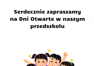 Na górze plakatu znajdują się kolorowe proporczyki a na dole obrazek przedstawiający uśmiechnięte dzieci