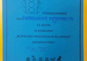 Podziękowania za udział w konkursie "Bezpieczny przedszkolak na drodze".