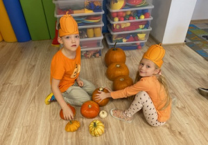 Chłopiec i dziewczynka układają dynie od największej do najmniejszej.