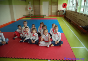 Dzieci z grupy Biedronek siedzą na sali gimnastycznej.