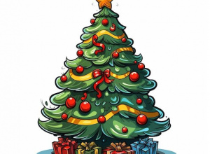 Obrazek przedstawiający udekorowaną choinkę, pod którą leżą prezenty.