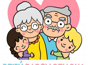 Na zdjęciu widać grafikę przedstawiającą babcie i dziadka z wnukiem i wnuczką.