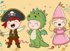 Na zdjęciu widać grafikę przedstawiającą dzieci przebrane za pirata, smoka i księżniczkę.