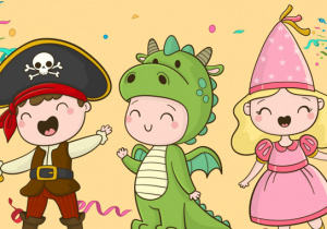 Na zdjęciu widać grafikę przedstawiającą dzieci przebrane za pirata, smoka i księżniczkę.