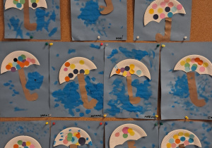 Tablica z pracami. Kolorowe parasolki wykonane z papierowych talerzyków i kolorowego papieru. Na niebieskim tle przyklejono połówki talerzyków jako daszki parasolek oraz brązowe uchwyty. Dzieci ozdobiły parasolki kolorowymi kółkami z papieru, a niebieskie plamy i odciski palców wokół nich symbolizują deszcz.