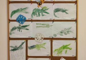 Na tablicy z pracami dzieci znajduje się 12 rysunków krokodyla.