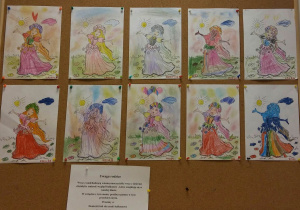 Tablica z pracami dzieci - pokolorowane kolorowanki przedstawiające Panią Wiosnę.