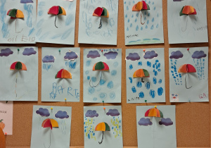 Tablica z pracami dzieci. Przestrzenne parasolki, do których dorysowane są nóżki. Nad nimi przyklejone są chmury, z których lecą dorysowane kredkami krople deszczu.