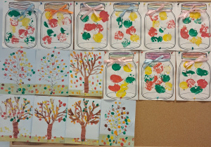 Tablica z pracami dzieci. U góry znajdują się słoiki z odciskami owoców w jesiennych kolorach – czerwonym, żółtym i zielonym, ozdobione wstążkami. Na dole widnieją drzewa z kolorowymi liśćmi wykonanymi odciskami palców.