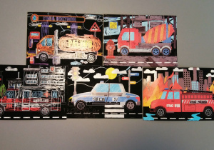 5 prac dzieci - wydrapywanki przedstawiające pojazdy: cysternę, betoniarkę, ambulans, radiowóz, wóz strażacki.