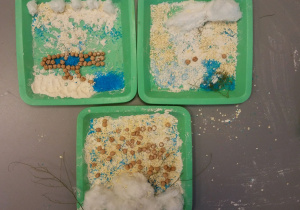 Sensoryczna praca plastyczna, pt. "Zimowy obrazek" - dzieci na tackach układały obrazek z: mąki, płatków jaglanych, ciecierzycy, niebieskiej soli do kąpieli oraz waty.